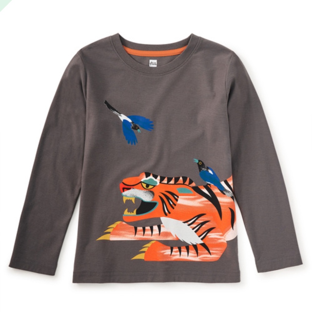 Tea Collection Gray Long Sleeve Tiger & Magpie Double Sided Tee